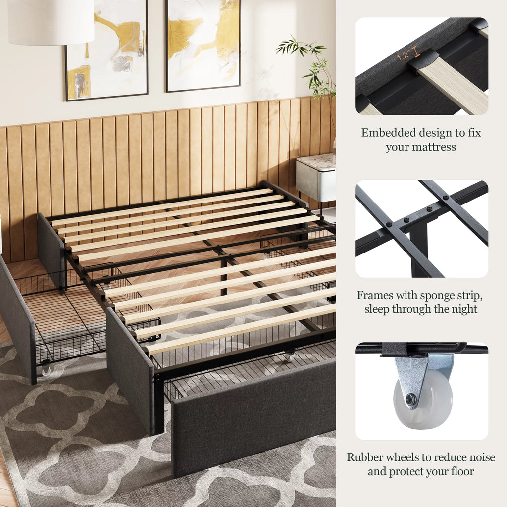 Queen Size Upholstered Platform Bed Frame with 3 Storage Drawers B64469