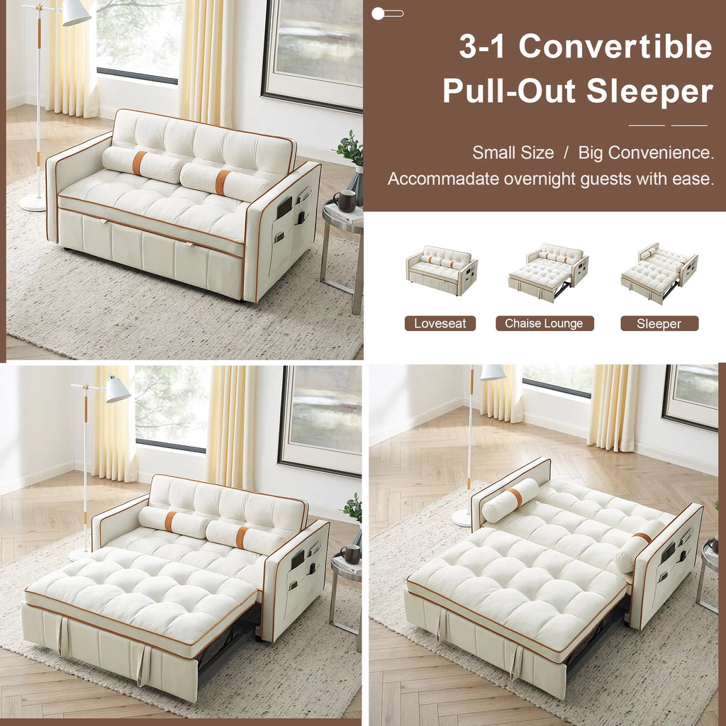 Beige Velvet Convertible Sleeper Sofa Bed O784497