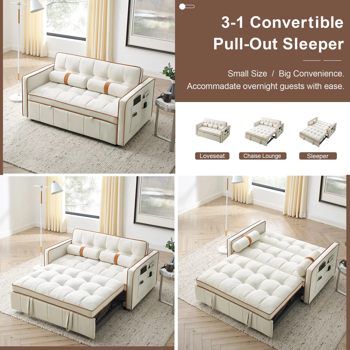Beige Velvet Convertible Sleeper Sofa Bed O784497