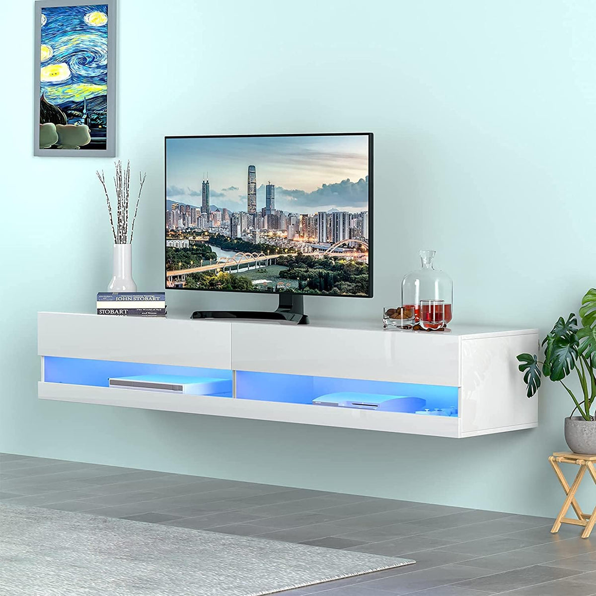 Wall Mounted LED Floating TV Stand with Cabinet and Cable Management for 80 Inch TV X37225