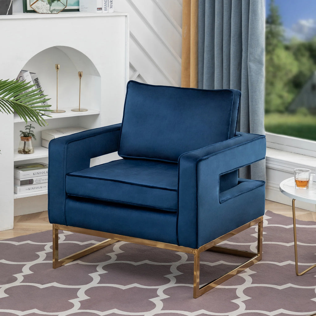 Navy Blue Velvet Accent Armchair with Gold Base K48814