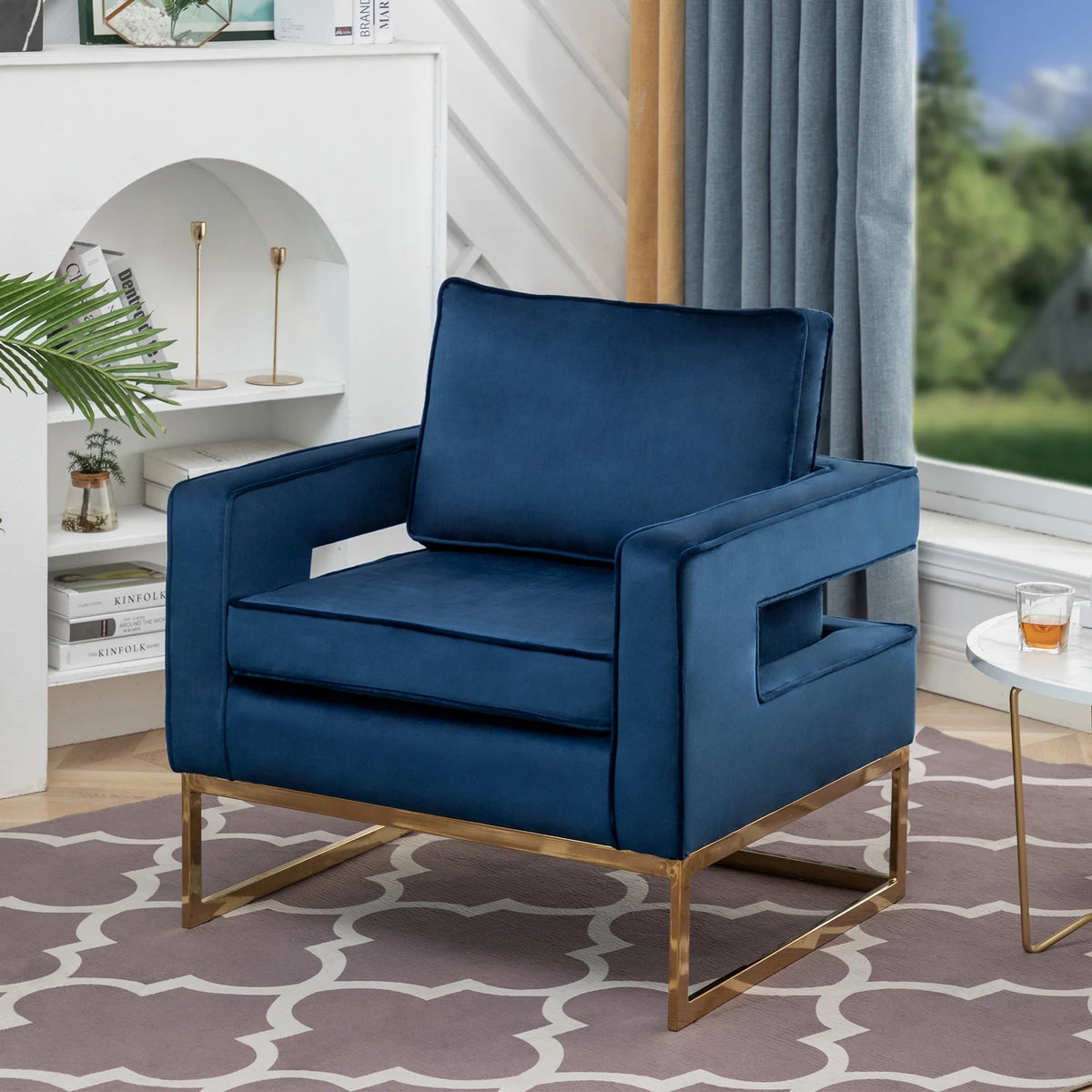 Navy Blue Velvet Accent Armchair with Gold Base K48814