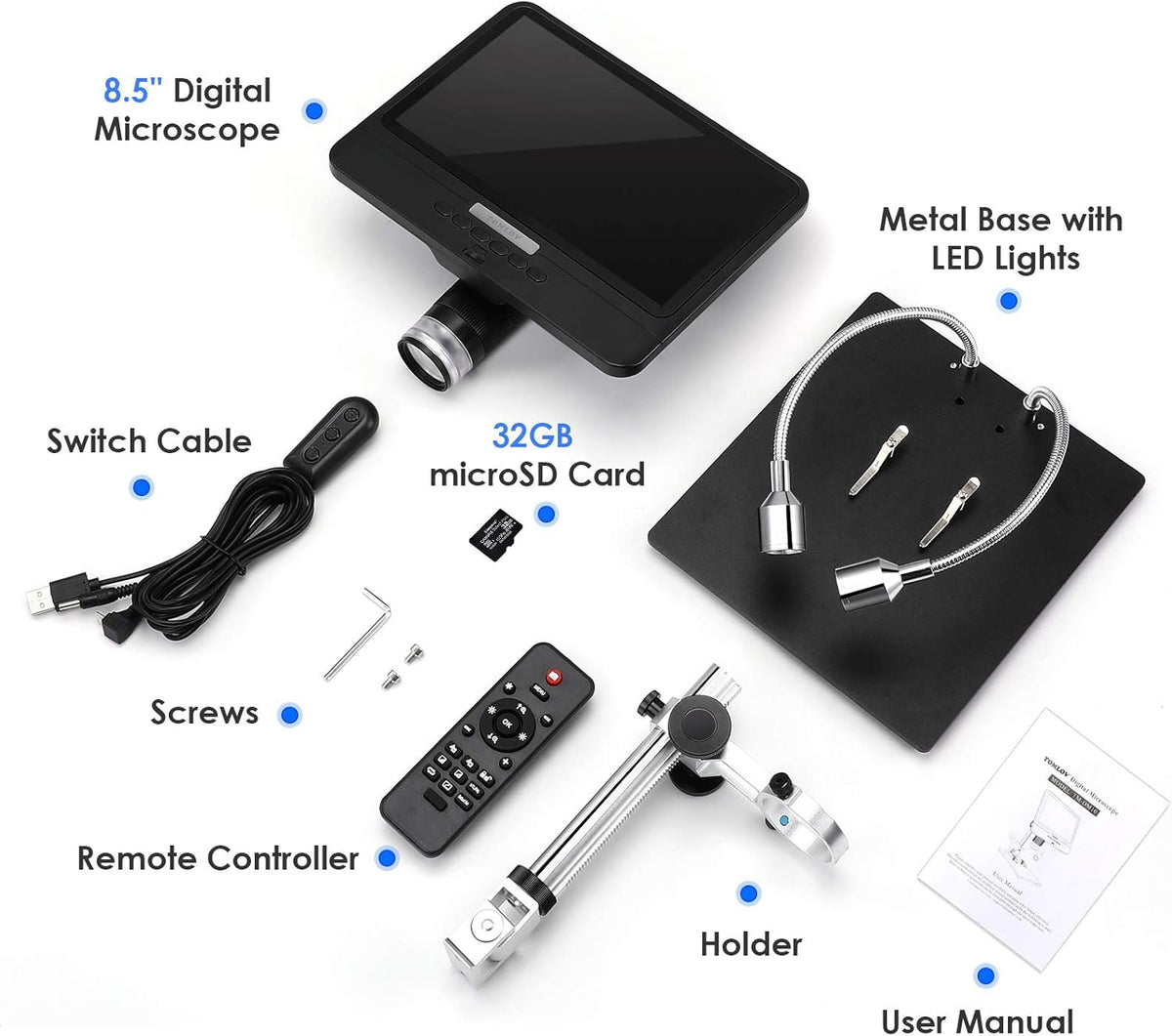 8.5'' Digital Microscope 50X-1300X UHD Video Microscope with 12MP Camera Sensor U31614