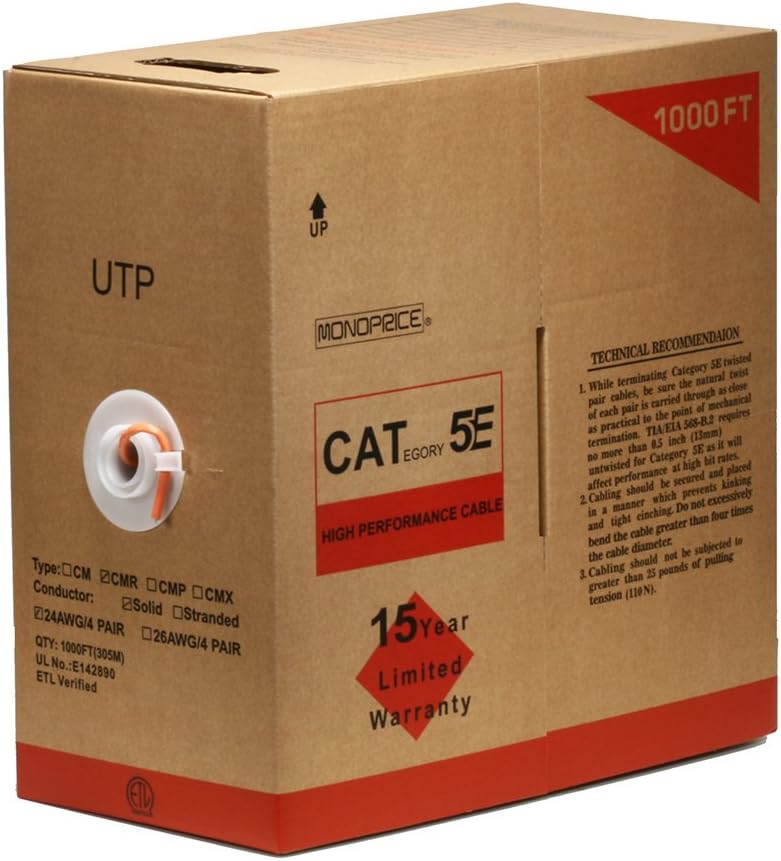 1000FT 24AWG Cat5e UTP Riser Rated Bare Copper Cable - Blue V1881