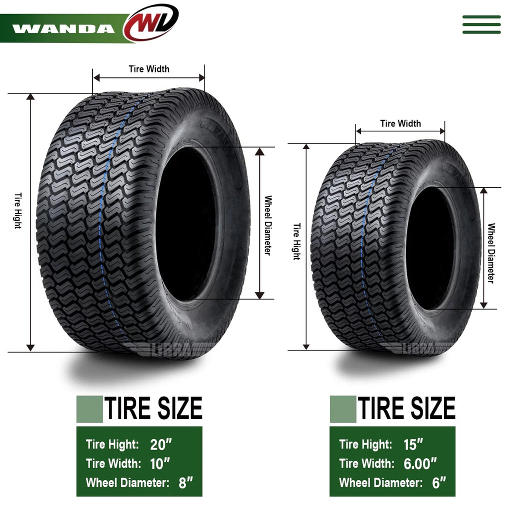 Set of 4 Lawn Mower Turf Tires 15x6-6 Front & 20x10-8 Rear T5620