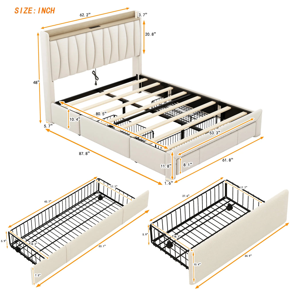 Queen Size Upholstered Platform Bed Frame with 3 Drawers Z9739