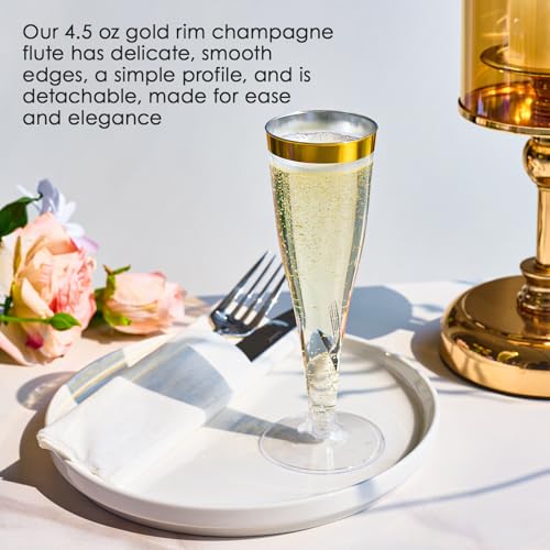 100 Pack 4.5 Oz Gold Rim Clear Plastic Champagne Flutes V4992
