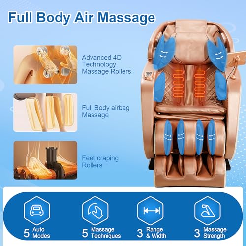 Zero Gravity SL-Track Shiatsu Full Body Massage Chair with Body Scan, Waist Heating, Bluetooth, Foot Rollers, 32 Airbags & Extended Footrest E4542