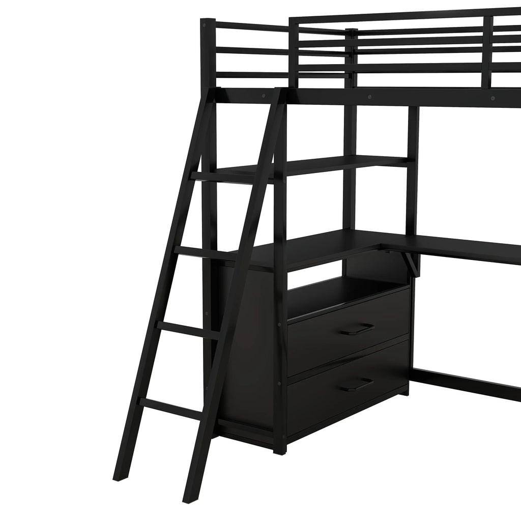 Black Twin Metal Loft Bed with Desk Storage Drawers Shelves M589121