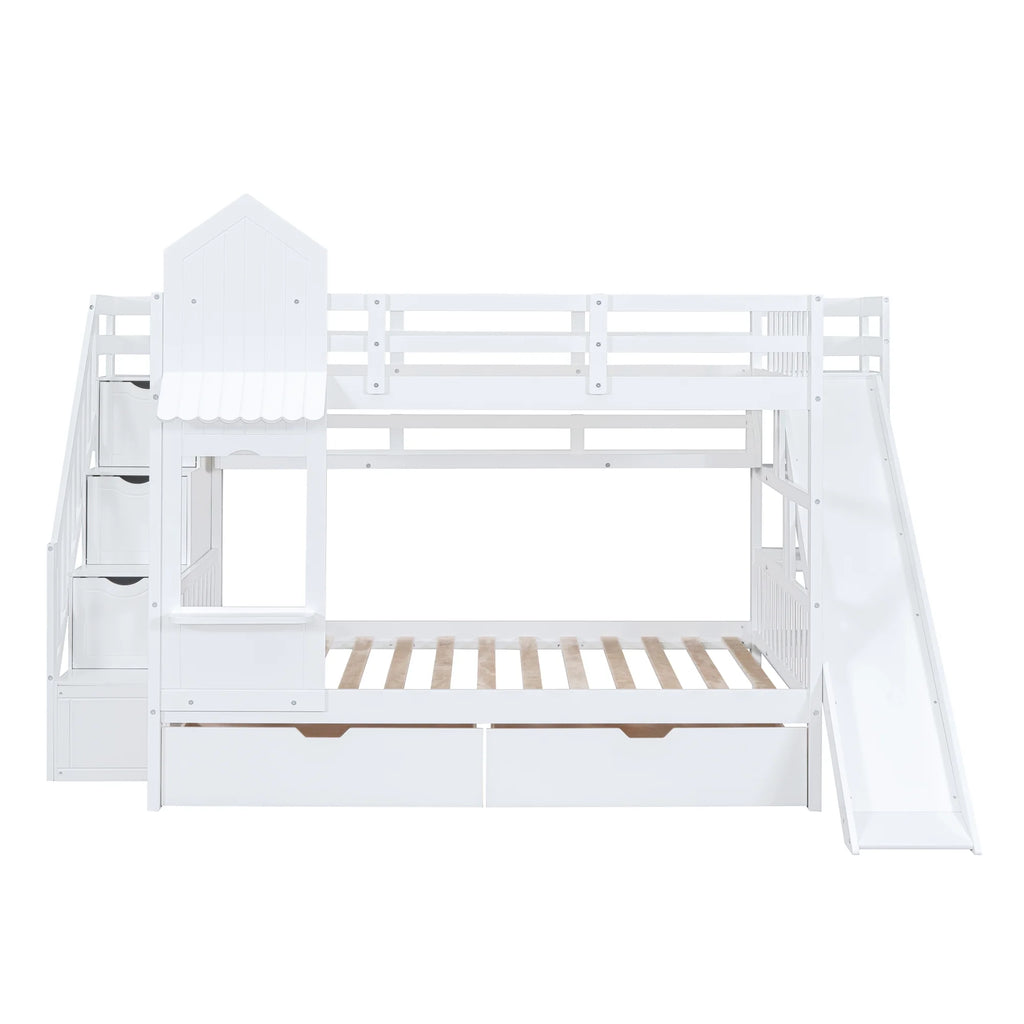 Full Over Full Castle Bunk Bed with Slide, Stairs and Storage Drawers X1199