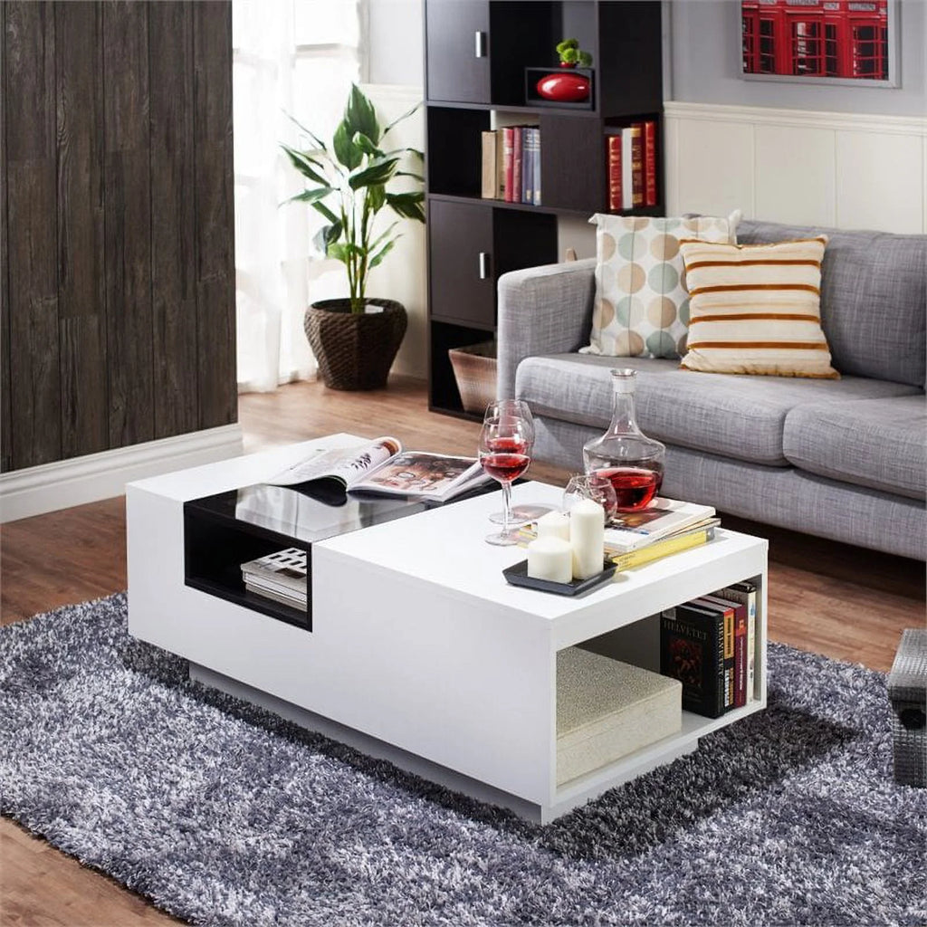 Modern Wood Storage Coffee Table in White and Black V4285