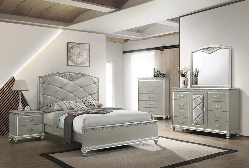 King Panel Bed Dresser Mirror Nightstand Chest Wooden Bedroom Furniture Set Z977