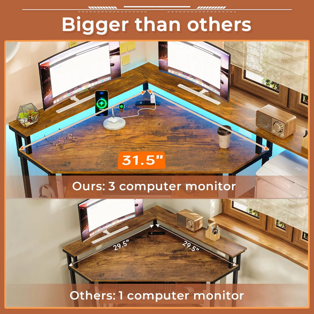Brown Corner Computer Desk with Power Outlets and LED Lights L863