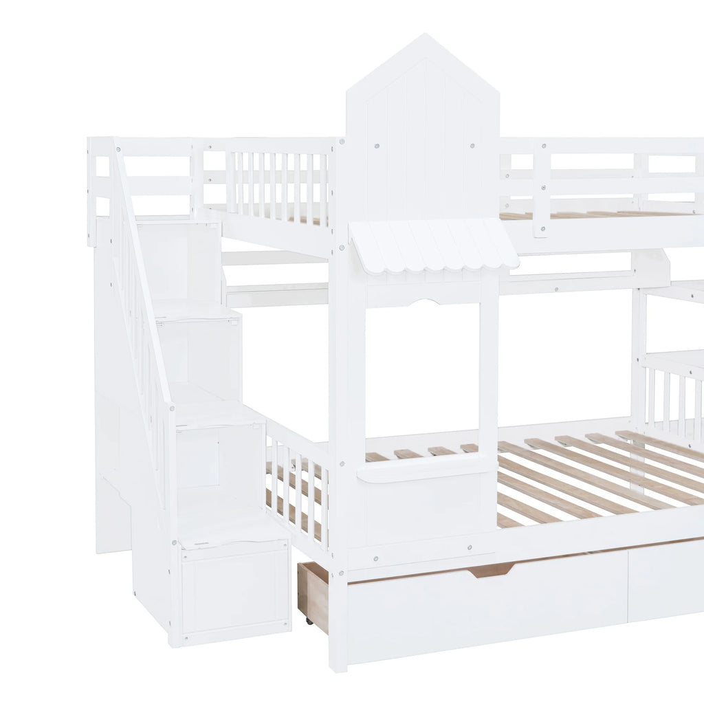 Full Over Full Castle Bunk Bed with Slide, Stairs and Storage Drawers X1199