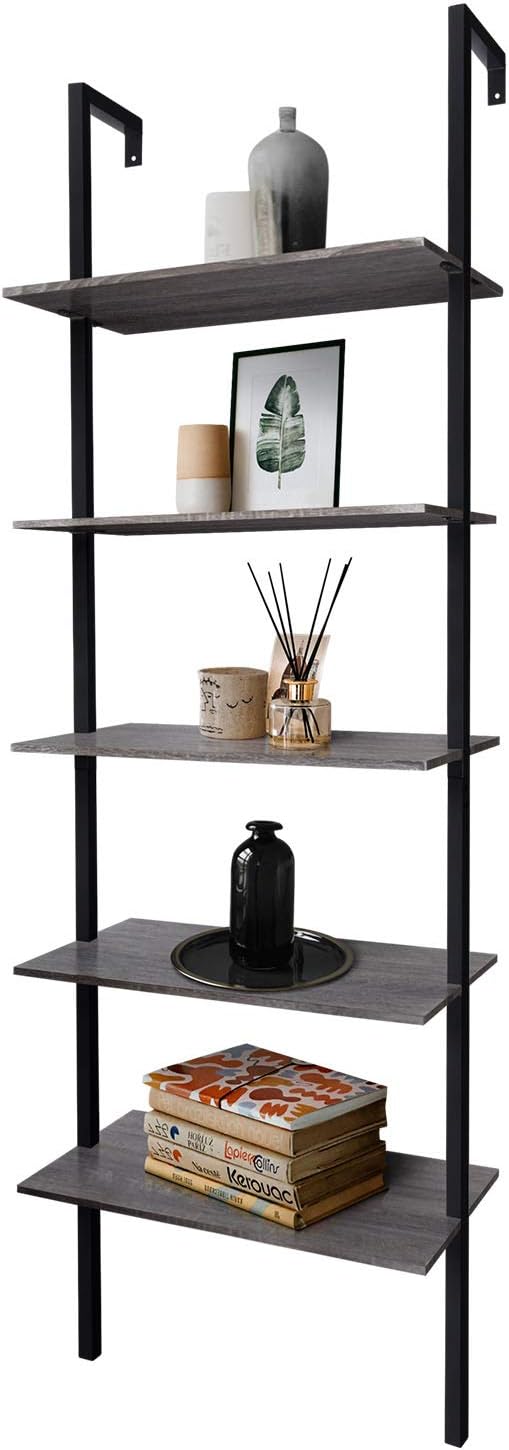 5-Shelf Modern Bookcase Wall Mount 72 Ladder Bookshelf Metal Frame Open Shelves F2888