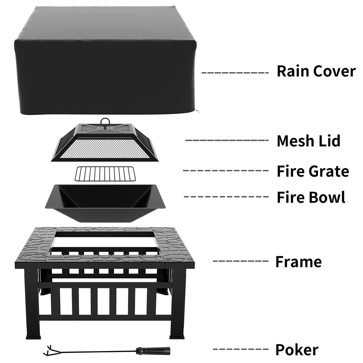32 Square Metal Fire Pit with Cover and Poker, Black A48003