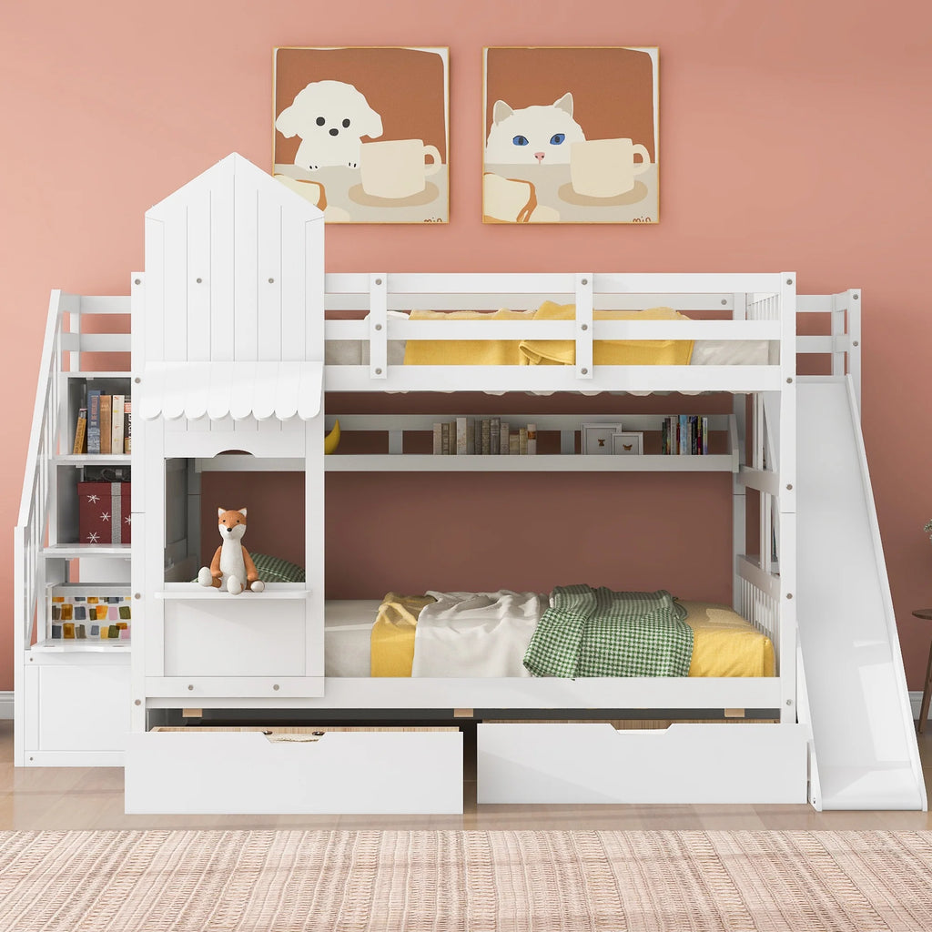 Full Over Full Castle Bunk Bed with Slide, Stairs and Storage Drawers X1199