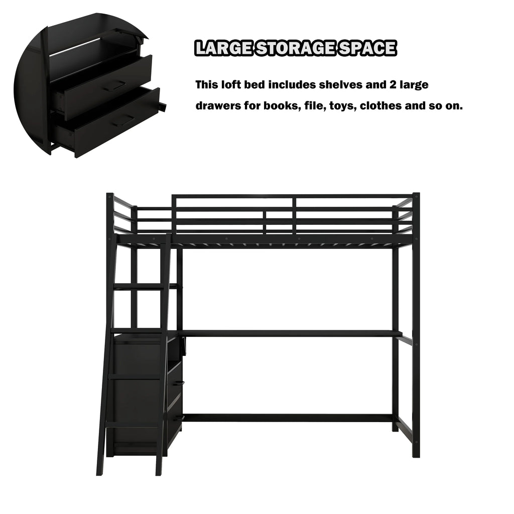 Black Twin Metal Loft Bed with Desk Storage Drawers Shelves M589121