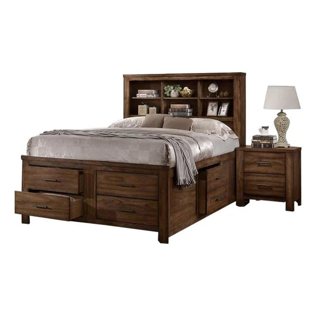 Wood Bed with 6 Drawers & Book Case Frame, Distressed Oak Brown Queen Size T3257