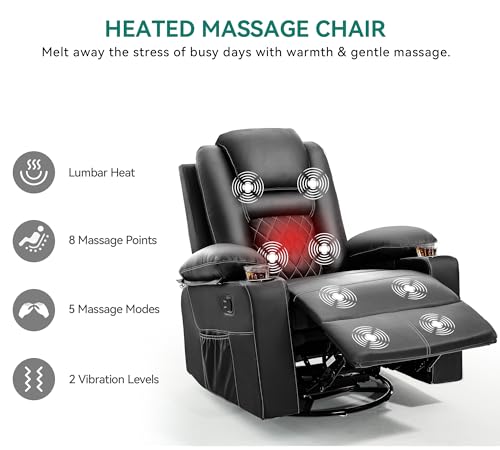 Black Faux Leather Swivel Rocker Recliner Chair with Massage & Heat V443705