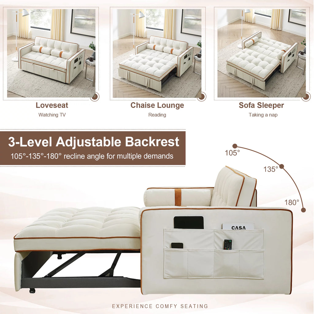 Beige Velvet Convertible Sleeper Sofa Bed O784497