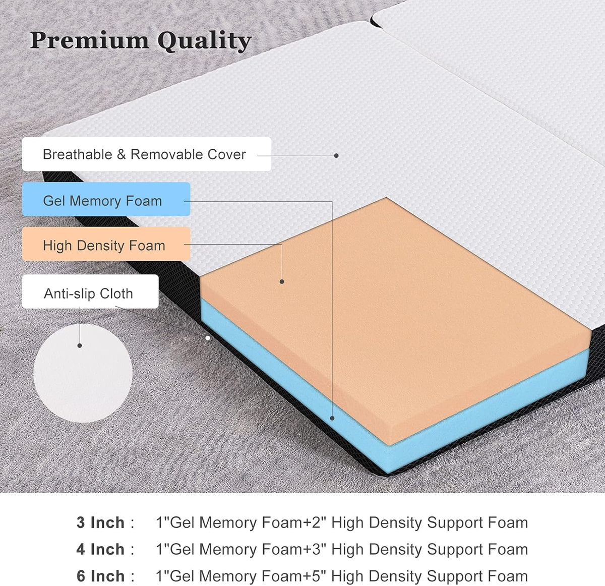 Folding Gel Memory Foam Mattress Topper with Washable Cover F391