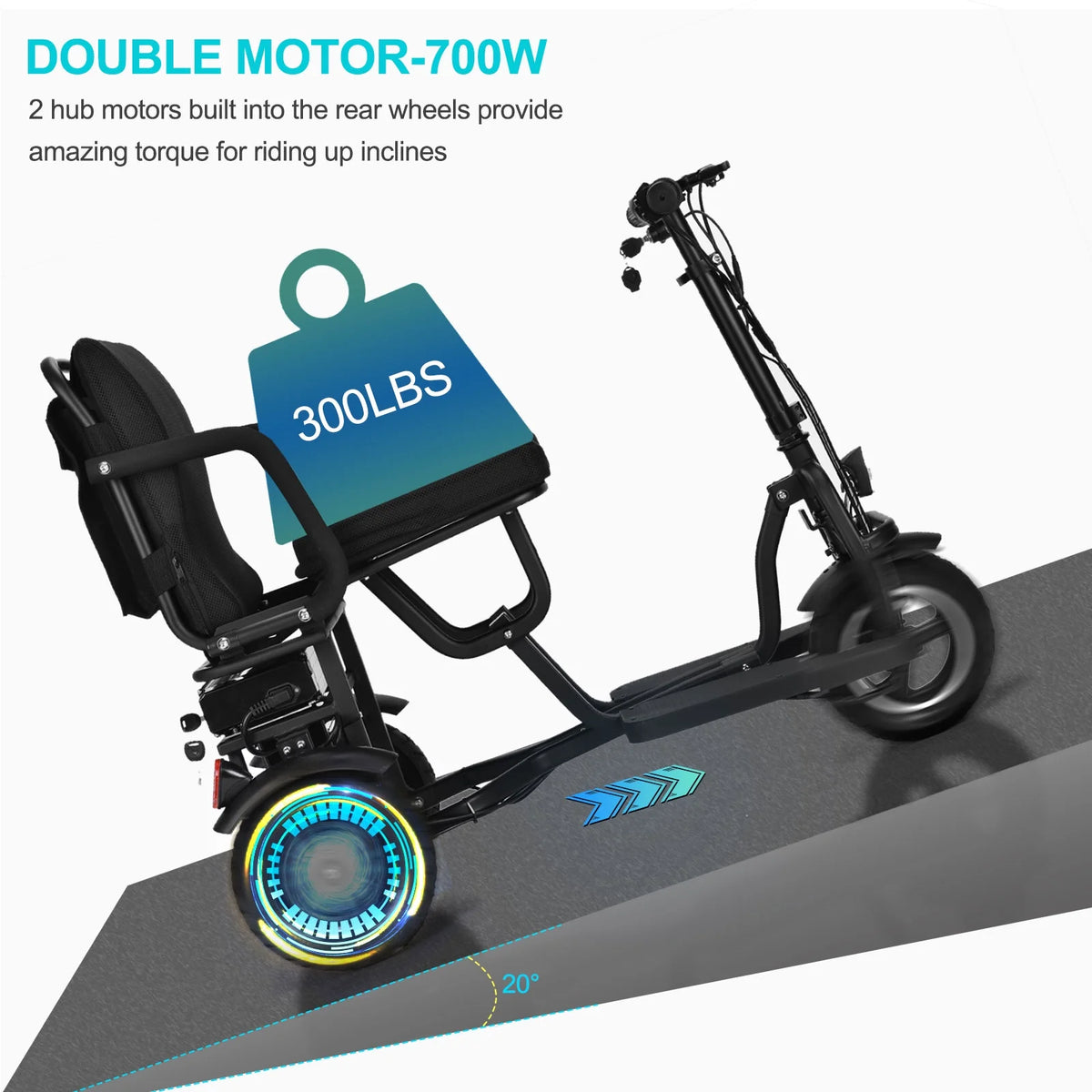 Folding Electric Trike 48v 700w Dual Motor Lithium Black N930