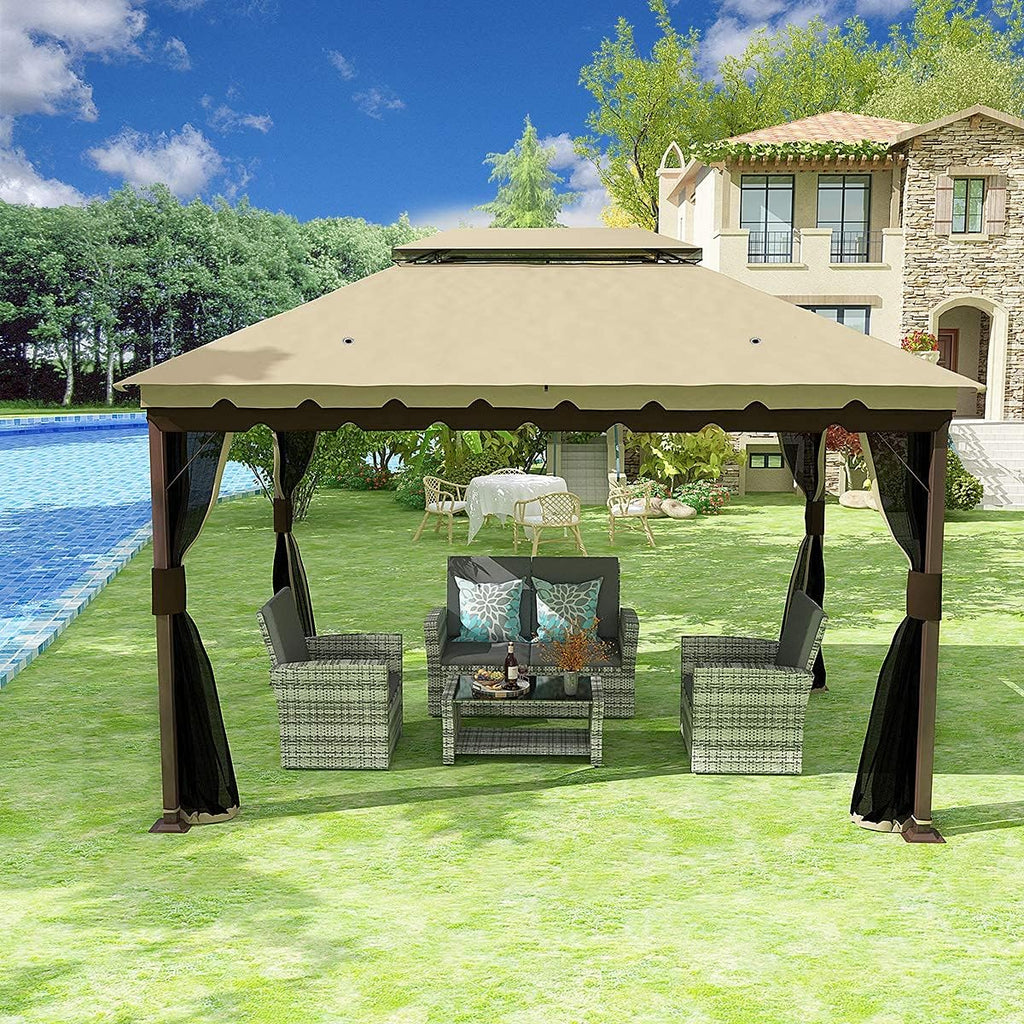 10x13 ft Khaki Steel Gazebo with Mosquito Netting J7414