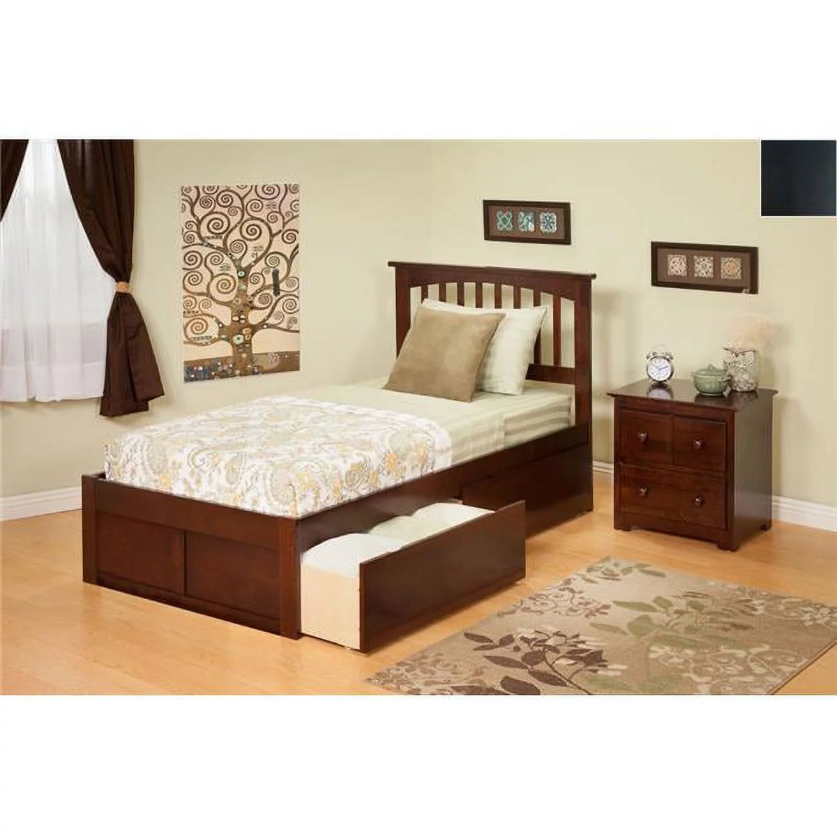 Twin Bed with Flat Panel Footboard and Bed Drawers T27339