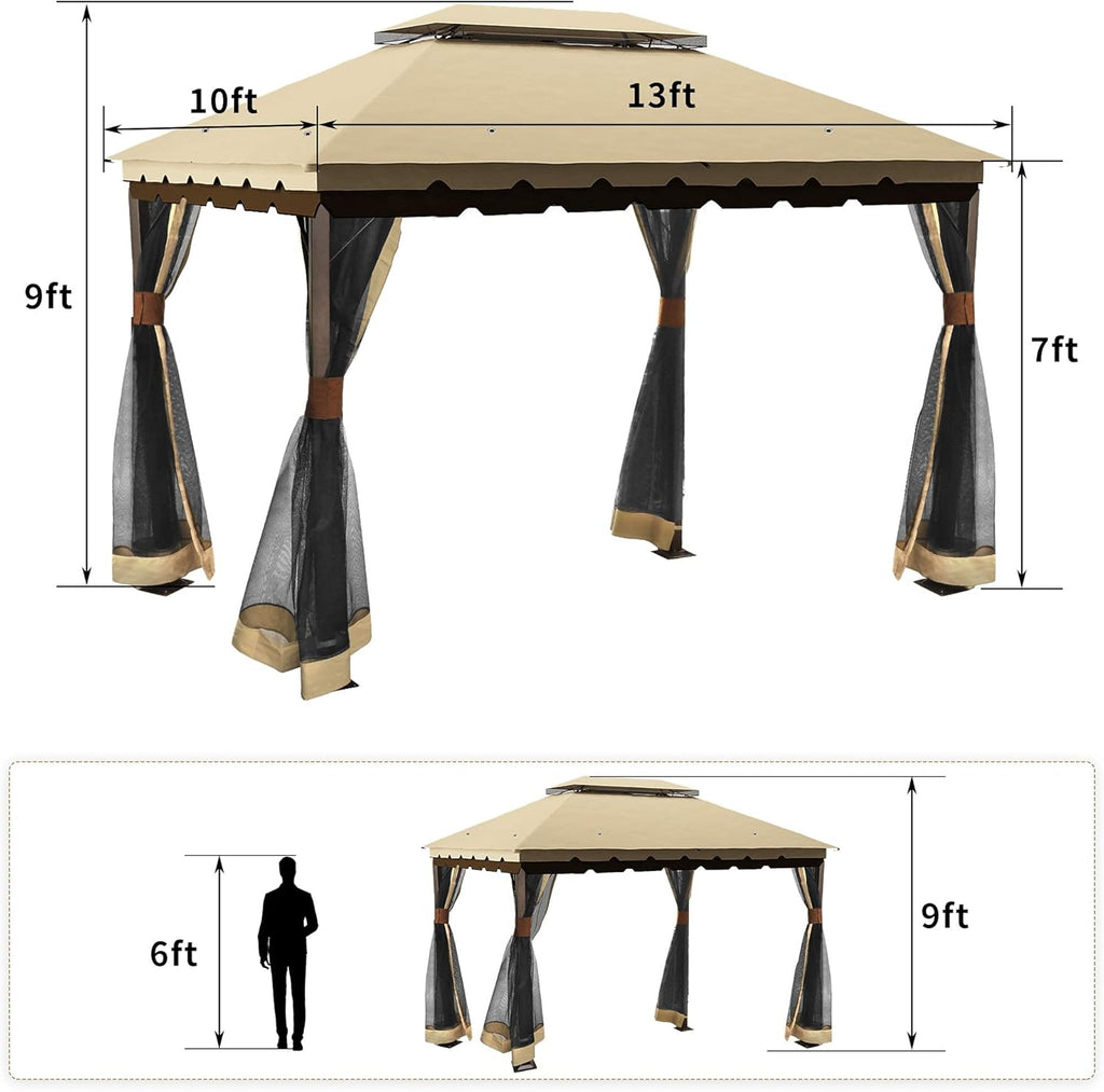 10x13 ft Khaki Steel Gazebo with Mosquito Netting J7414