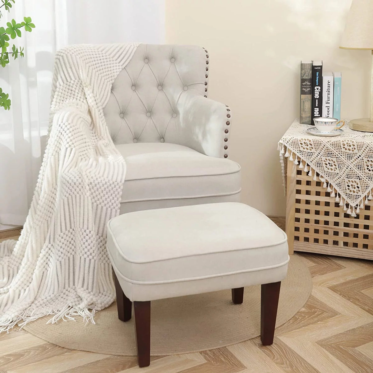 Beige Button Tufted Accent Chair with Ottoman I51890