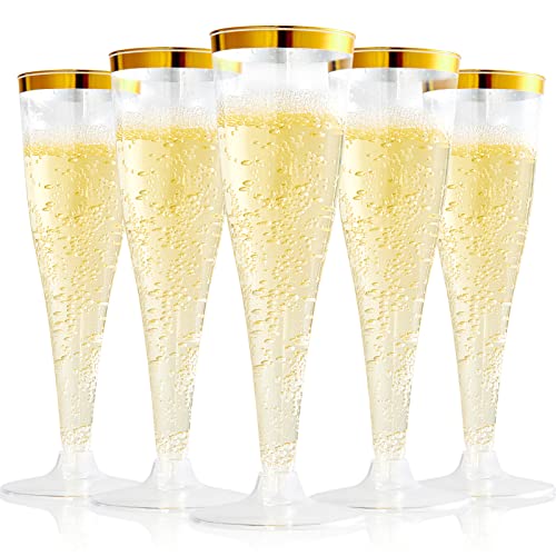 100 Pack 4.5 Oz Gold Rim Clear Plastic Champagne Flutes V4992
