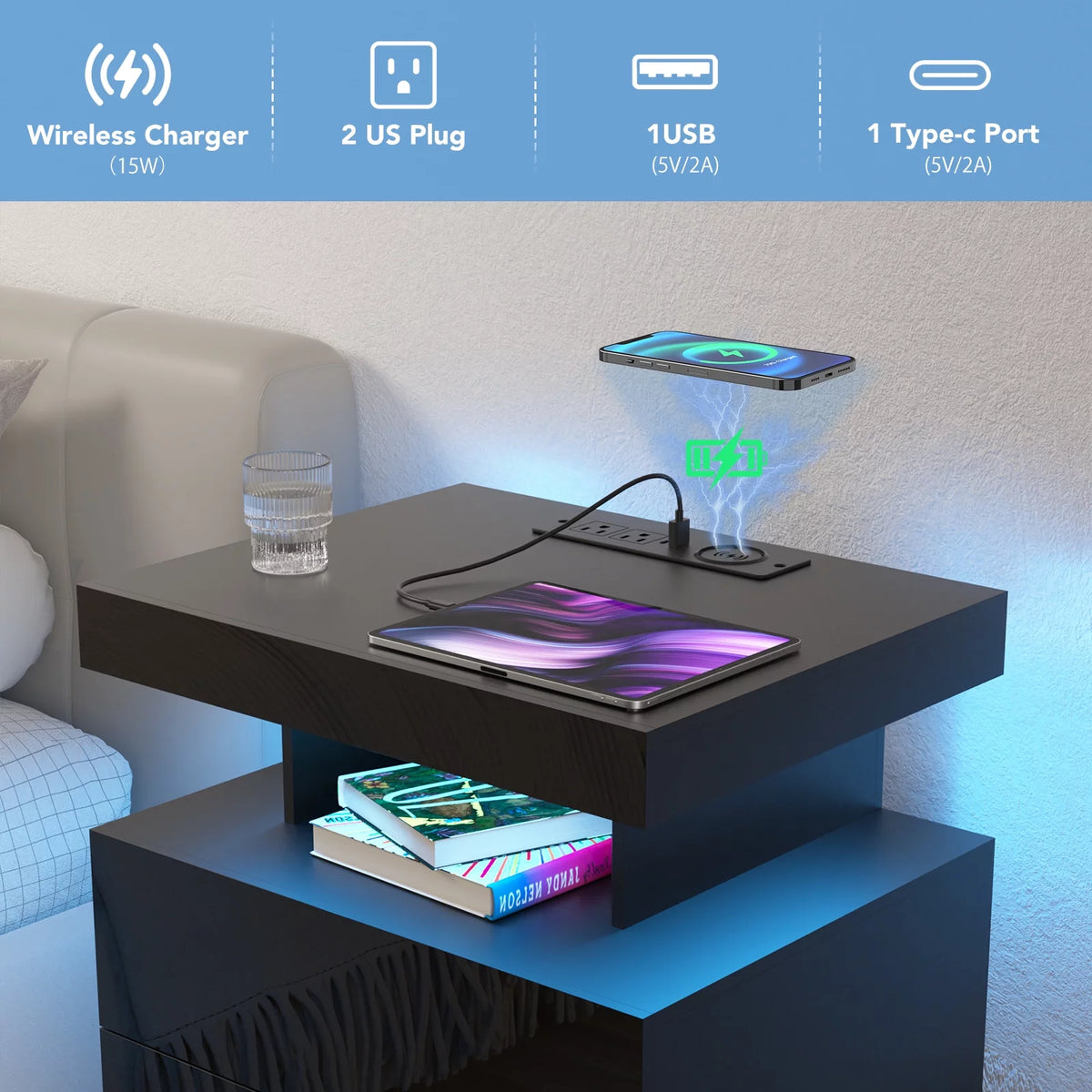 Black 2 Drawer LED Nightstand with Charging Station J68814