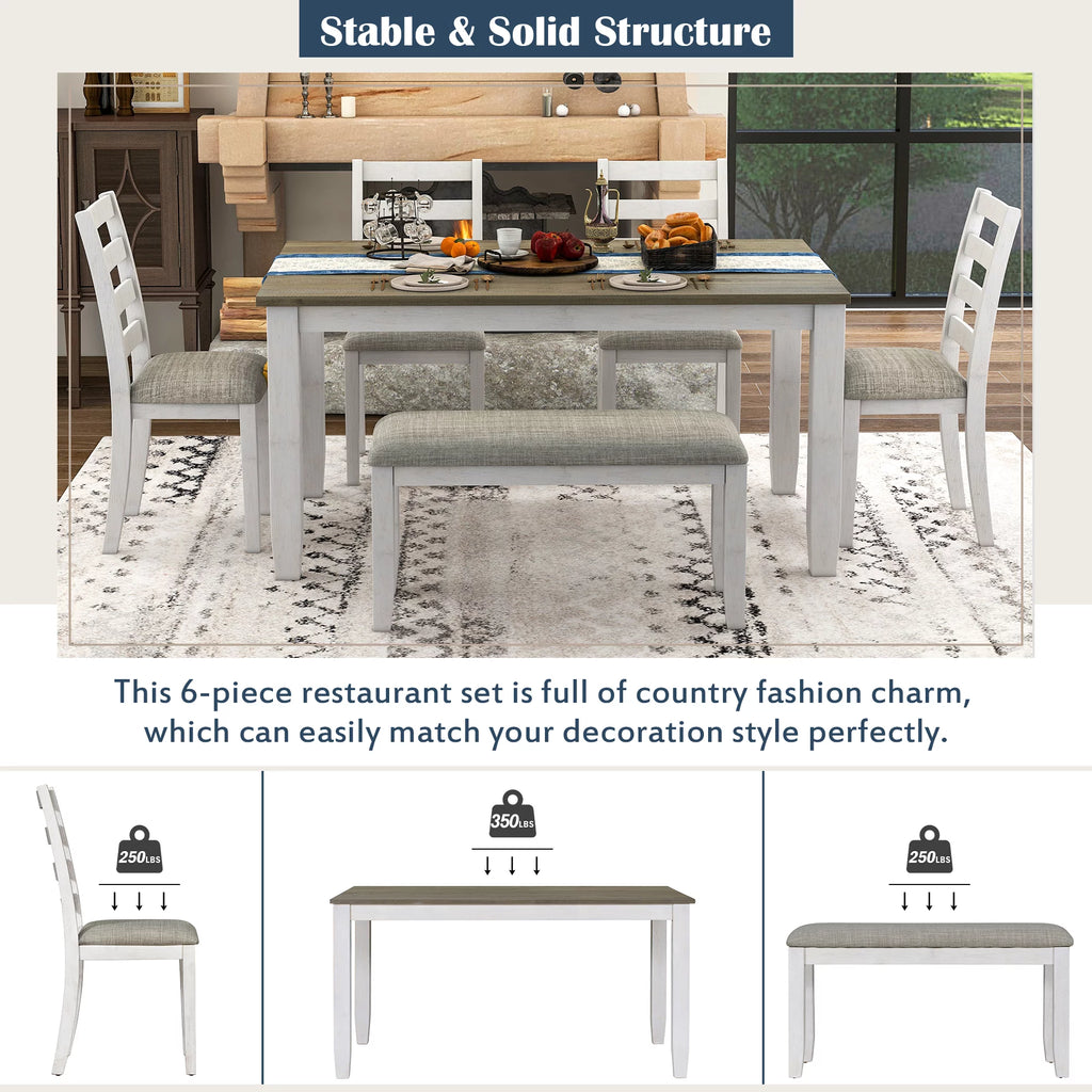 6-Piece Dining Table Set with 4 Upholstered Chairs and Bench F942