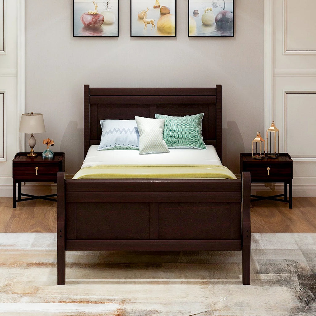 White Full Size Platform Bed Frame with Wood Headboard and Footboard T3557