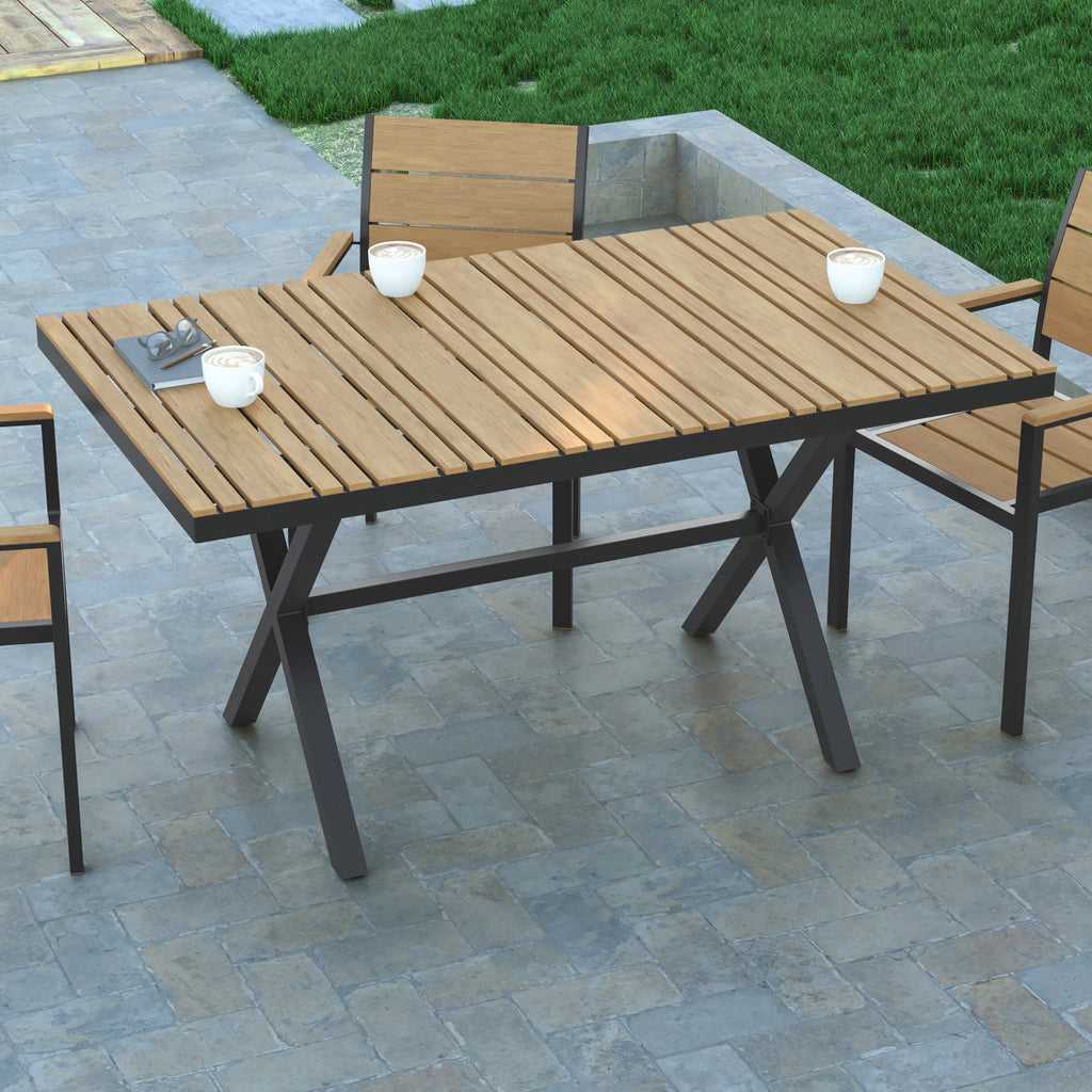 59" x 35.5" Outdoor Dining Table with Faux Teak Top and Gray Metal Frame E53931