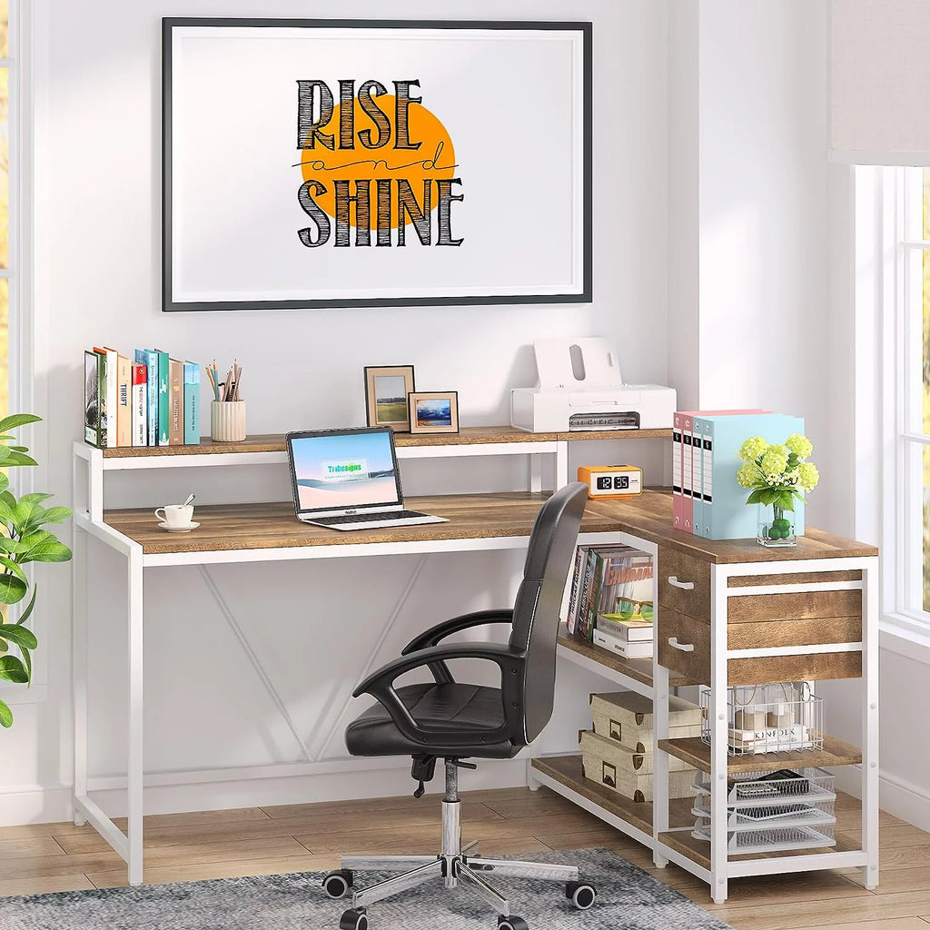 L Shaped Corner Desk with Drawer and Storage Shelves R29159