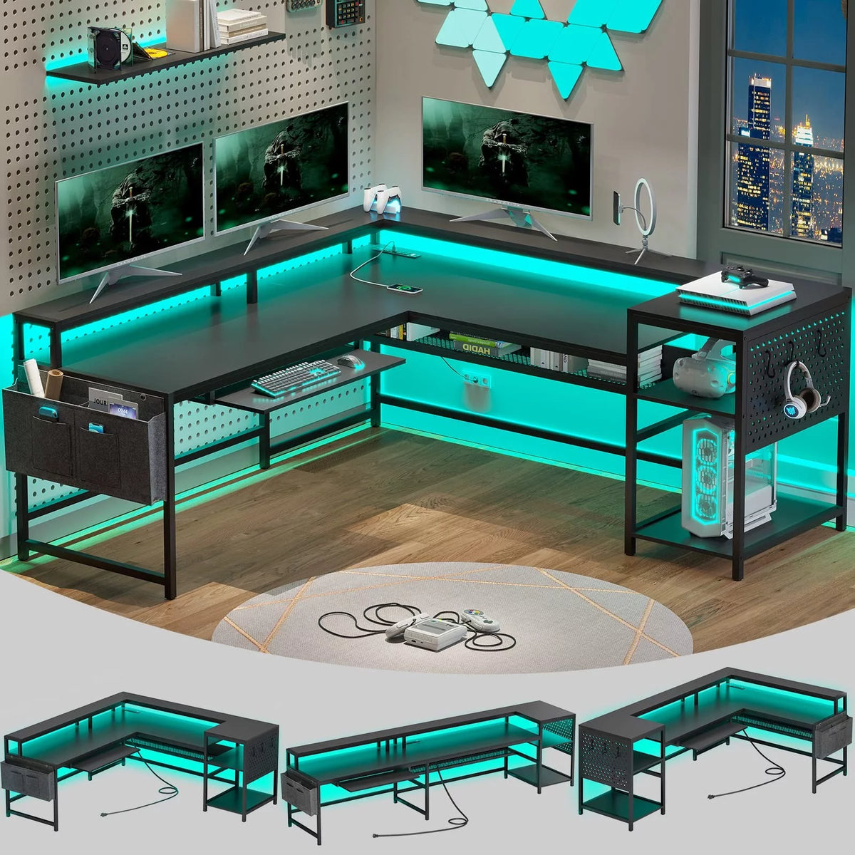 L Shaped Desk with LED Light and Power Outlet A785