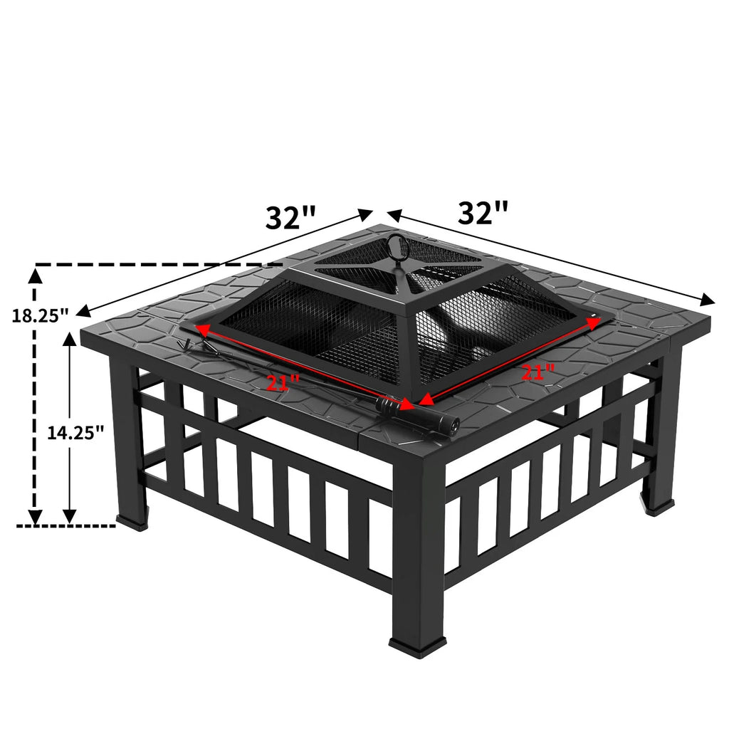 32 Square Metal Fire Pit with Cover and Poker, Black A48003
