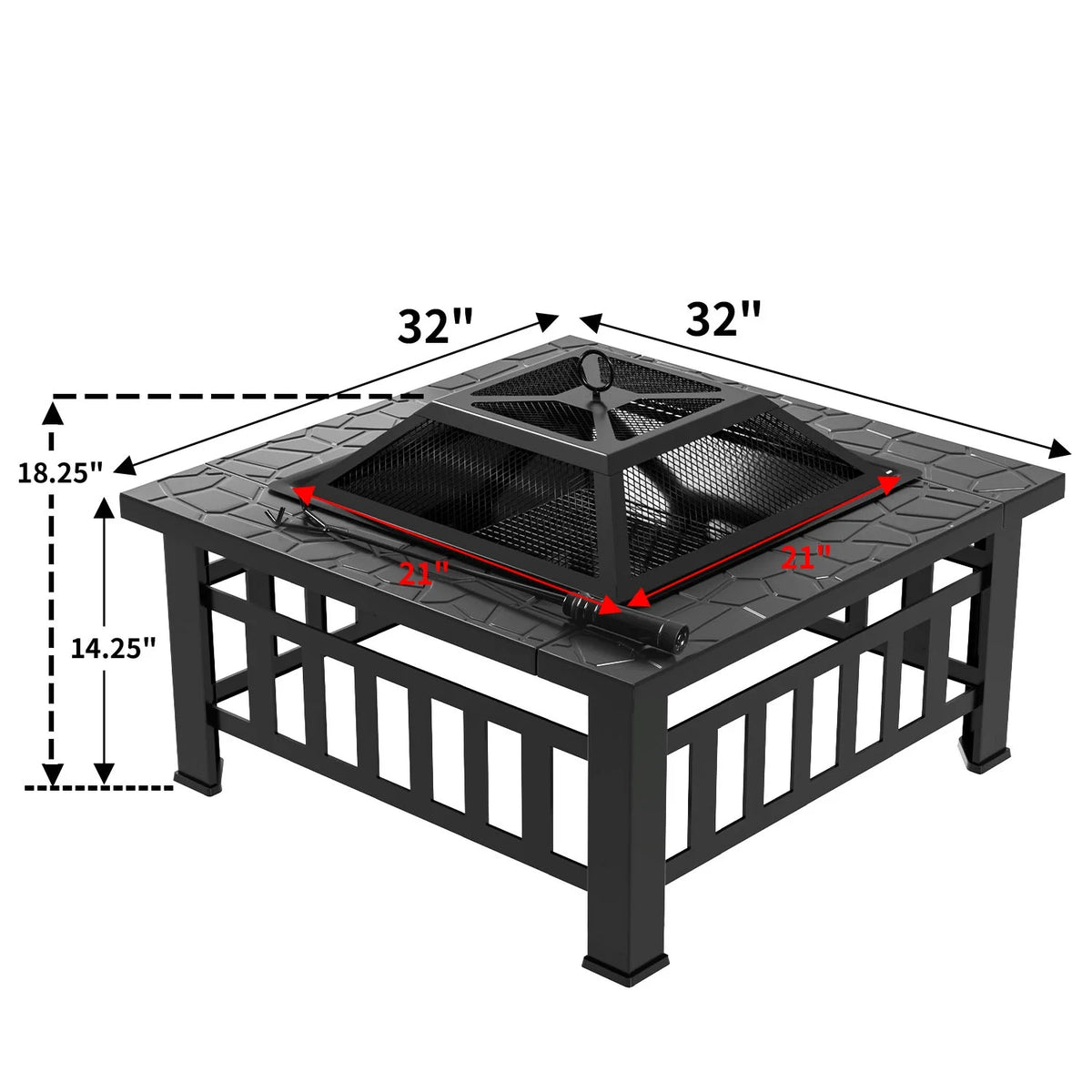 32 Square Metal Fire Pit with Cover and Poker, Black A48003