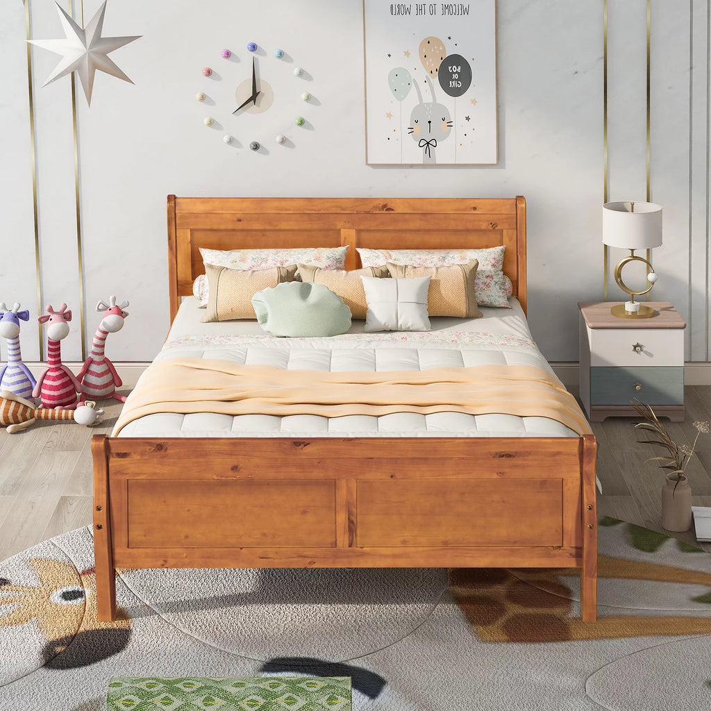 White Full Size Platform Bed Frame with Wood Headboard and Footboard T3557