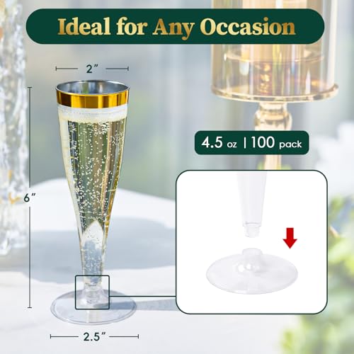 100 Pack 4.5 Oz Gold Rim Clear Plastic Champagne Flutes V4992