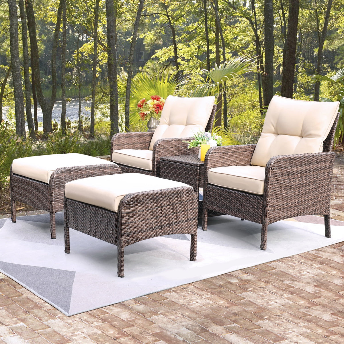 5 Pieces Wicker Patio Furniture Set with Table & Ottomans, Beige R2103