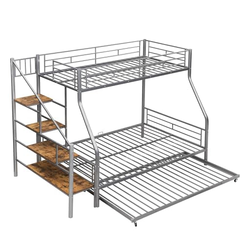 Twin Over Full Metal Bunk Bed with Trundle and Storage Staircase Z691611