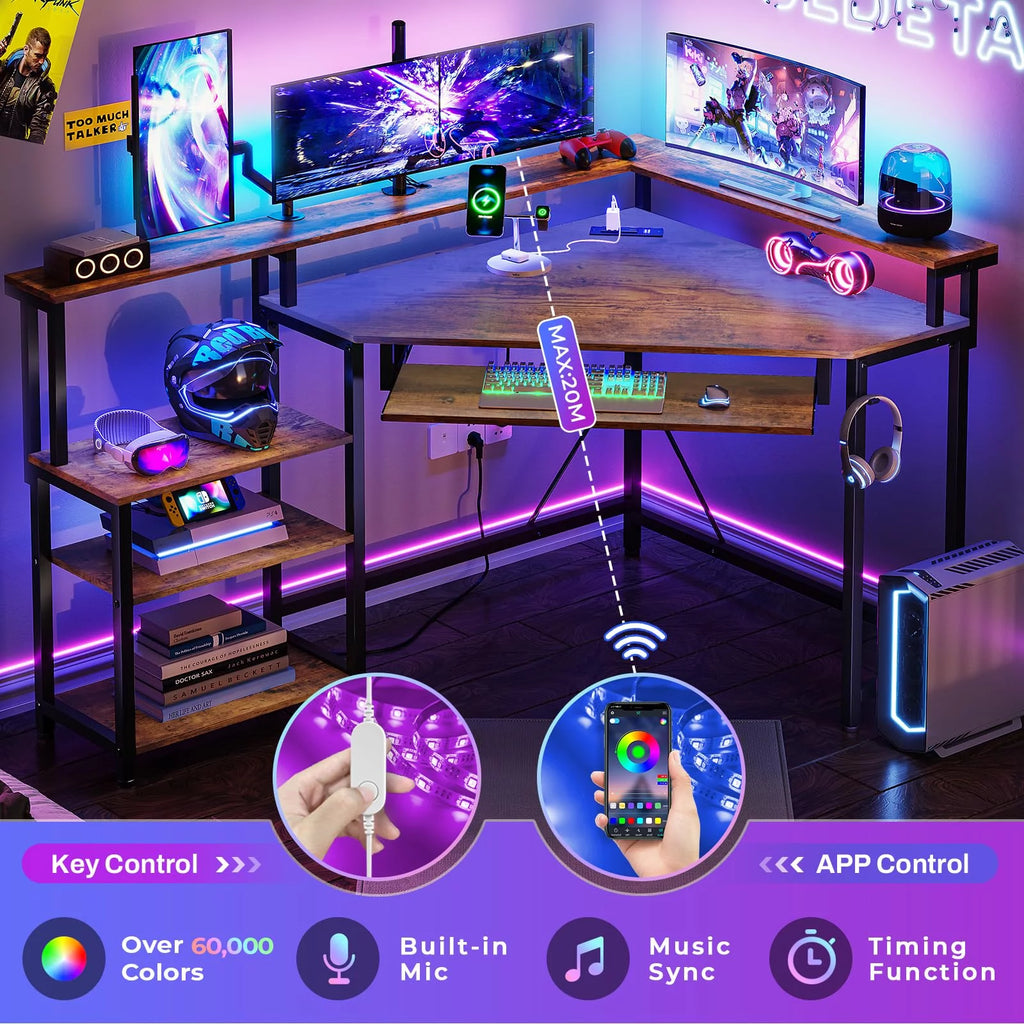 Brown Corner Computer Desk with Power Outlets and LED Lights L863