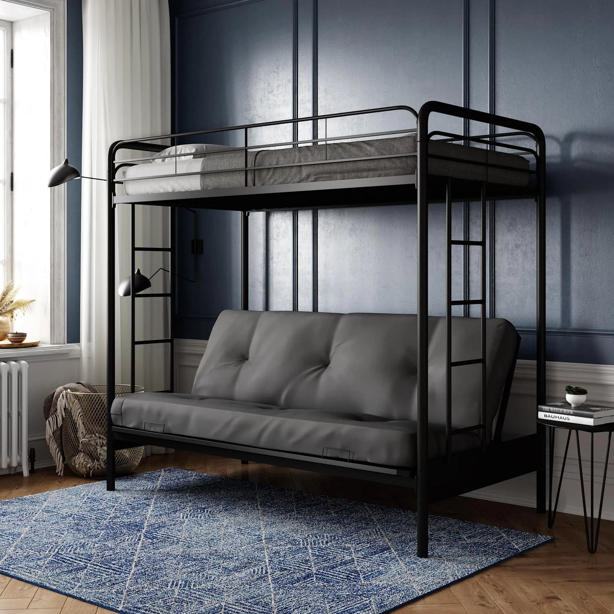 Black Twin over Futon Metal Bunk Bed C75407