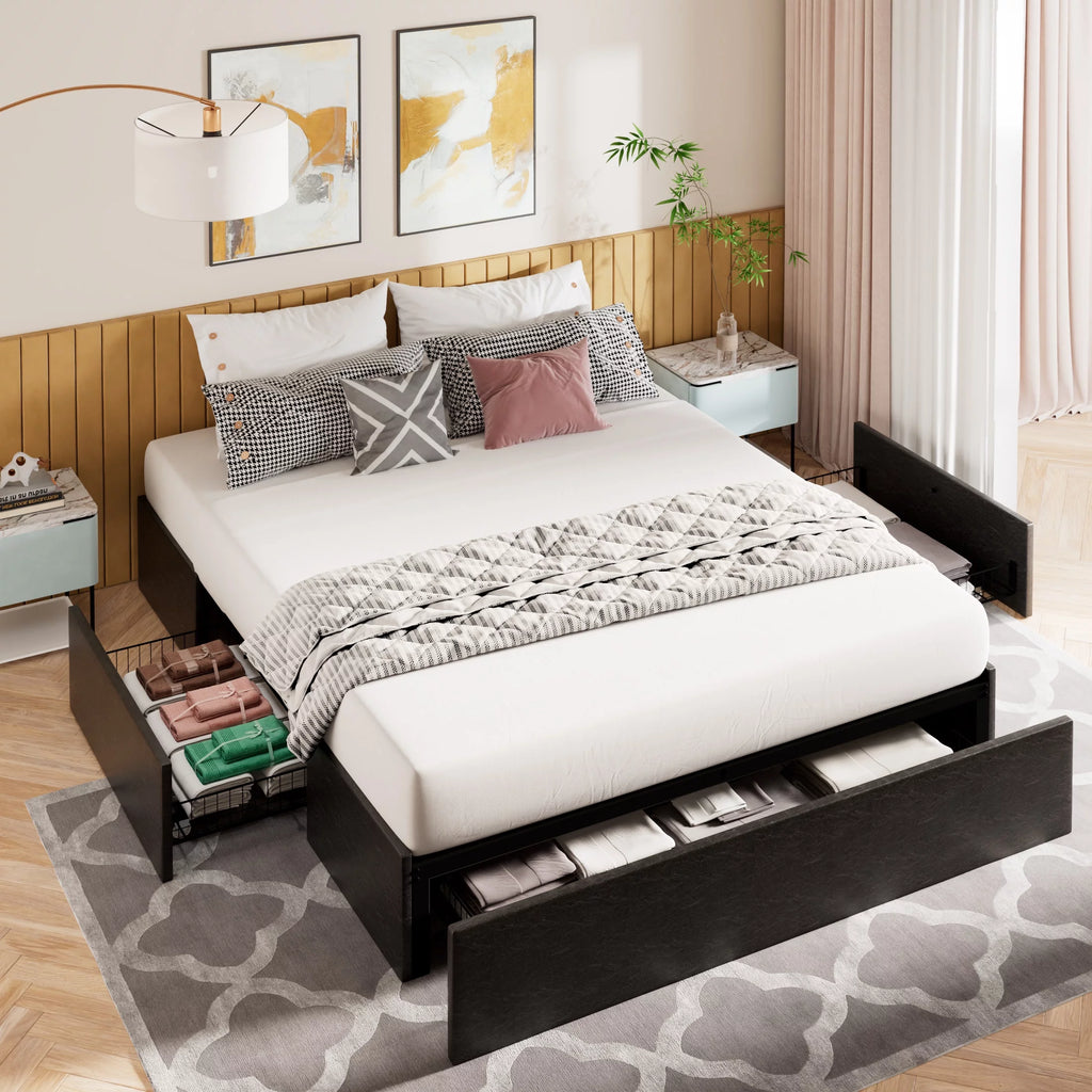 Queen Size Upholstered Platform Bed Frame with 3 Storage Drawers B64469