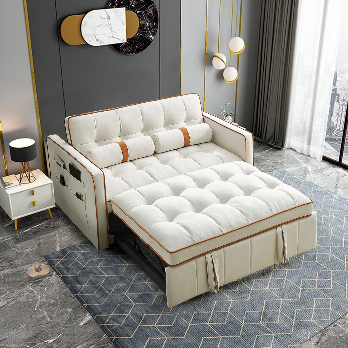 Beige Velvet Convertible Sleeper Sofa Bed O784497