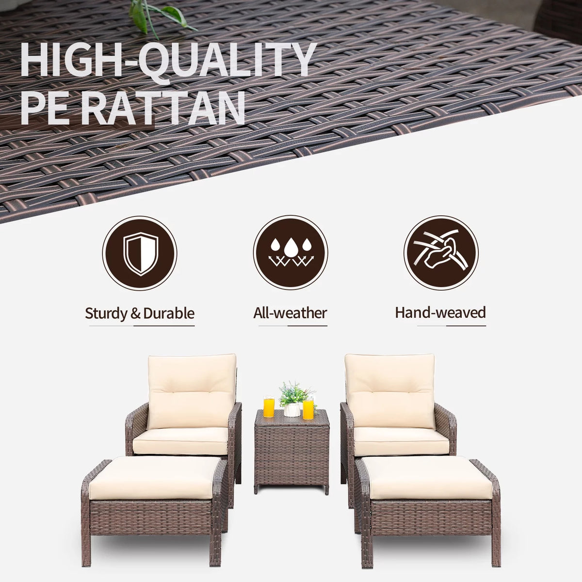 5 Pieces Wicker Patio Furniture Set with Table & Ottomans, Beige R2103