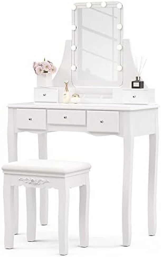 White Vanity Set with Lighted Tri-Fold Mirror and 4 Drawers U4281